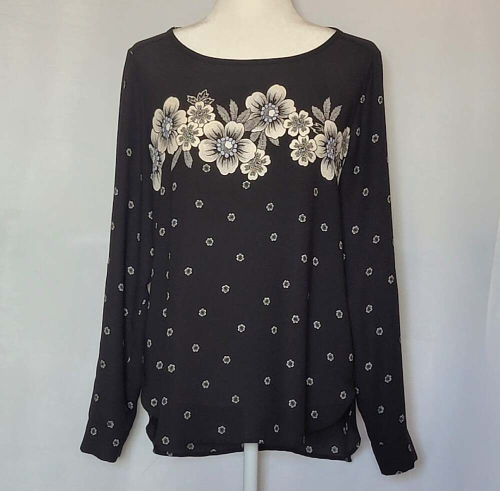 Ann Taylor LOFT Black w/Cream Floral Long Sleeve Career Top Blouse Womens Size M
